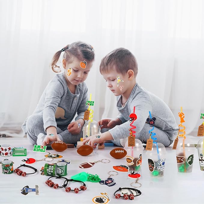 LiYiQ 158 Pcs Football Party Favors Football Party Supplies with Cup Straw Stress Ball Keychain Sticker Slaps Bracelets Whistle Thank You Tags for Football Birthday Decorations