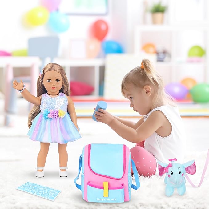 UNICORN ELEMENT 18 Inch Girl Doll Accessories with Doll Carrier Bag + Dress + 2 Hairpins + Blue Sticker + Bracelets + Toy Elephant, Baby Doll Clothes and Accessories for 18 Inch Doll (No Doll)