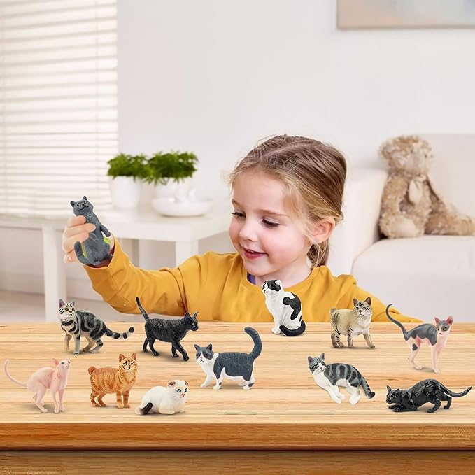 12PCS Cat Figurines, Plastic Cat Figures Realistic Kitten Toys, Cat Cake Toppers Halloween Christmas Birthday Gift for Kids & Children