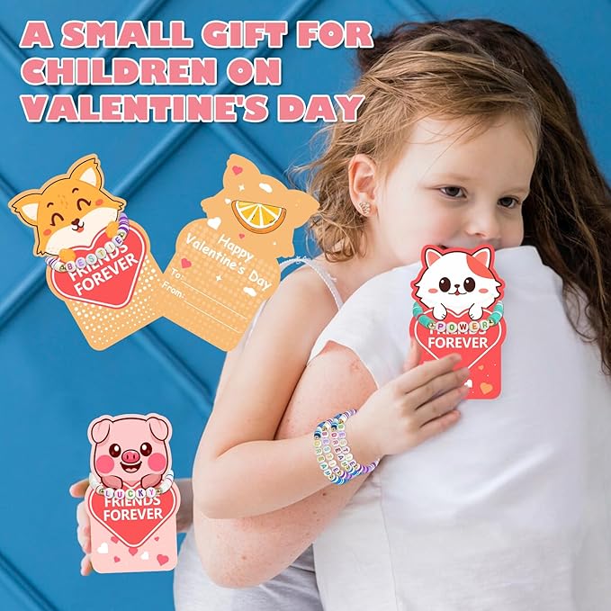 Valentine's Day card 24 packs with bracelets for kids' schools, and Valentine's Day exchange gifts with friendship beads for kids' classrooms