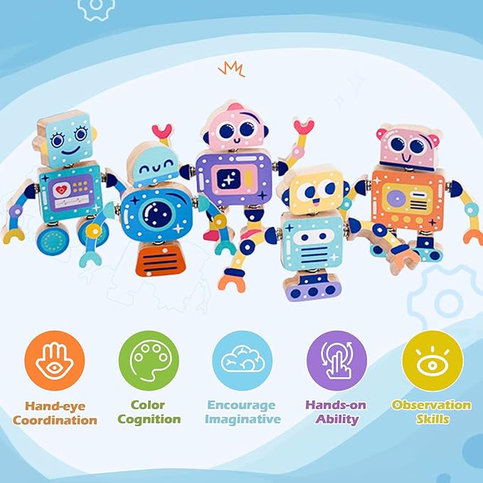 Wooden Snap-Together Building Toys, Robot Building Kit for Kids,STEM Building Blocks,Take Apart Playset 28pcs, Fine Motor Skill Montessori Educational Learning Toys Gift for 3 4 5 6 Years Kids