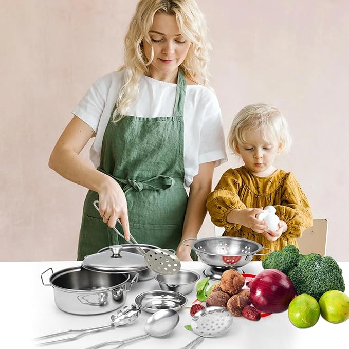 Tiny Size Cooking Pretend Play Kitchen Cooking Toys with Stainless Steel Cookware Play Pots and Pans Set,Cooking Utensils Cookware Kitchen Play Accessories Toys Cooking Pots for Toddlers Kids(Mini)