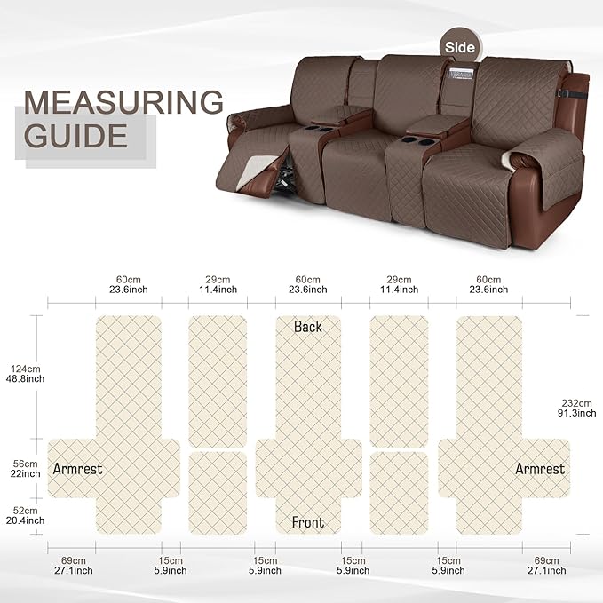 KinCam100% Waterproof Recliner Sofa Cover with Console, Non-Slip Recliner Couch Covers for 3 Seat, Reclining Sofa Cover Furniture Protector with Elastic Straps for Kids, Pets, Brown
