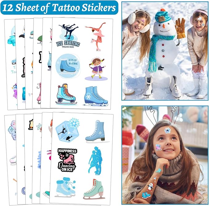 110 PCS Ice Skating Skate Party Favors, Winter Ice Skating Skate Stickers Temporary Tattoos Slap Bracelets Keychains Badges Gift Bags Ice Skating Birthday Party Decorations Supplies for Kids
