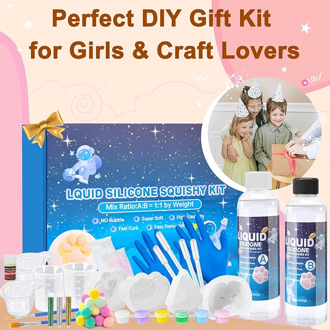 Taba Squishy Kit – 18oz 1:1 AB Liquid Silicone DIY Set with Paw, Cat, Cheese & Hamster Molds, Flocking Powder, Mixing Tools, Bubble-Free Texture – Make Your Own Squishies for Stress Relief & Fun