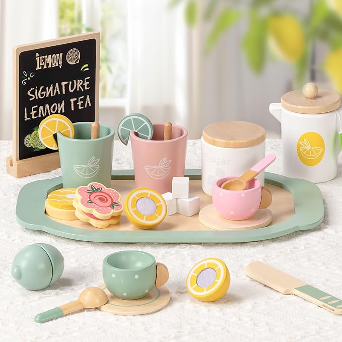 Toyssa Wooden Tea Party Set for Little Girls Toys Toddler Tea Set with Play Kitchen Accessories & Lemonade Stand & Black Board, Wooden Toys for Toddlers Aged 2 3 4 5 6, Birthday Kids Girls Gifts 3+