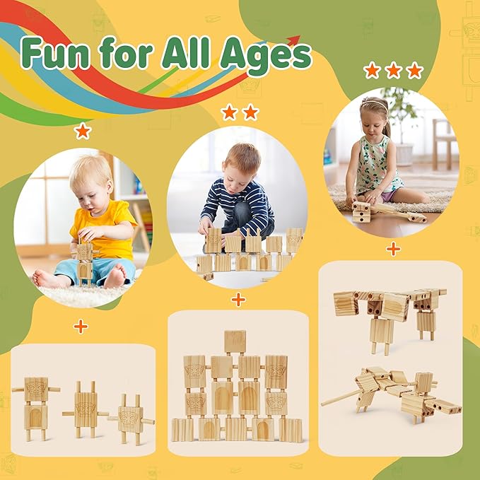 Stacking Blocks for Toddlers 1-3, Natural Wooden Blocks, 44 Pcs Stacking Building Block Toy Set, Early Learning Toys & Gifts for Kids, Montessori Toys with Canvas Storage Bag, Boys & Girls 12+ Months