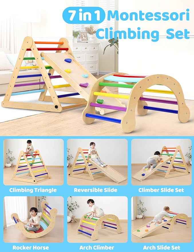YOLEO Large Pikler Triangle Set, Wooden Toddler Climbing Toys Indoor with Safer Sturdy Base, Montessori Pikler Triangle Climbing Set for Kids' Indoor Climber & Playground & Jungle Gym (Rainbow)