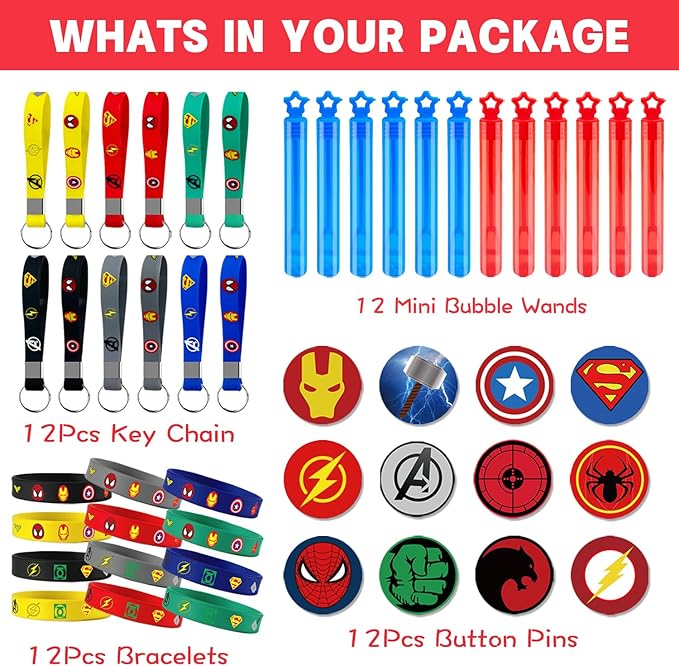 Superhero Party Favors Supplies 12 Bubble Wands 12 Keychain 12 Bracelets 12 Button Pins 50 Stickers Toys for Kids Boys Themed Party Favors Birthday Decorations