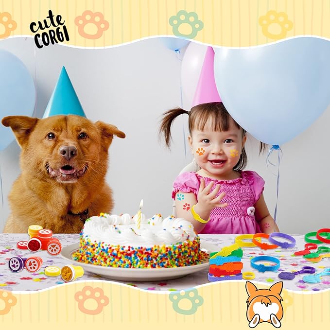 Skylety 72 Pcs Paw Print Party Favor Set, Rubber Bracelets Stamps Paw Print Acrylic Lobster Keychain Paw Dog Birthday Party Favors Supplies, Gift Bag Stuffer for Kids