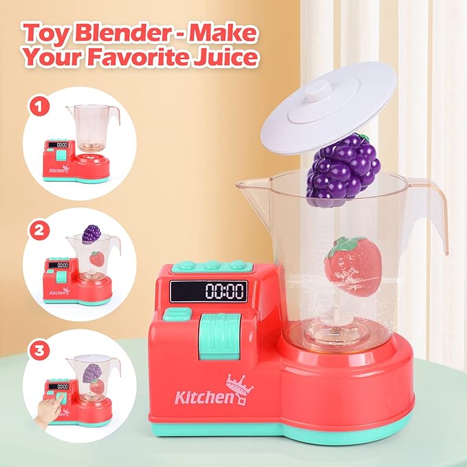 CUTE STONE Toy Kitchen Appliances Playset, Kids Kitchen Toy Mixer and Blender with Sound & Lights, Play Toaster, Cutting Play Food, Toddler Play Kitchen Accessories Set for Boys Girls