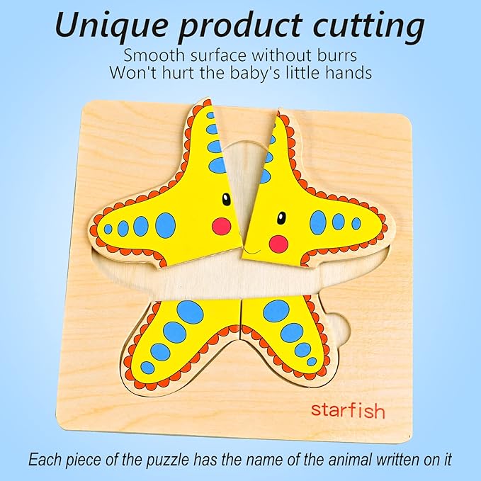 8pcs Wooden Puzzles for Toddlers 1-3, Toddler Puzzles Ages 2-4, Montessori Toys for 1-3+ Years Girl Boy, Sea Animal Puzzle for Kids, Jigsaw Puzzles Educational Toys Preschool Puzzles for 1-3
