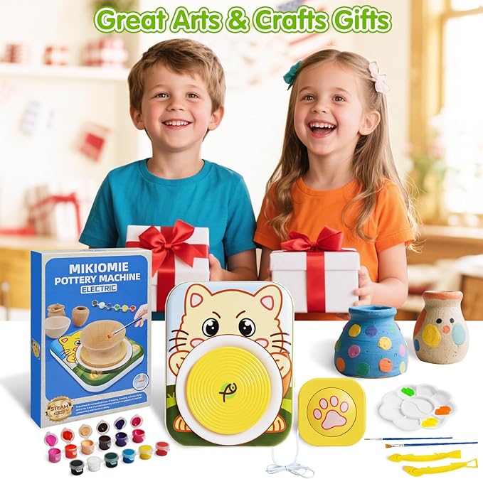 Mikiomie Electric Pottery Wheel for Beginners with Foot Pedal, 3 Clay Packs(1.7lbs Total), Apron, Painting & Carving Tools, Arts and Crafts Toys Art Supplies, Gifts for Birthday Christmas