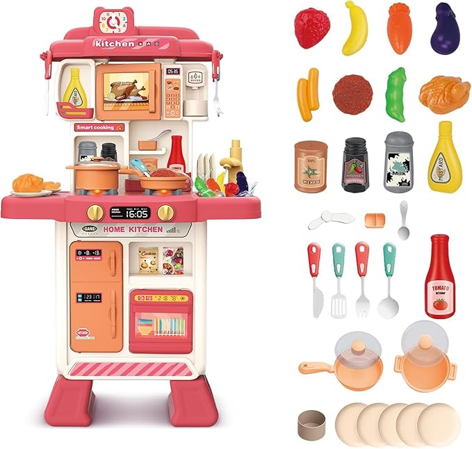 deAO Kids Kitchen Playset Toy with Sounds and Lights, Role Playing Game Pretend Food and Cooking Playset for Kids,35 PCS Kitchen Accessories Set for 3 4 5 Years Old Girls Boys