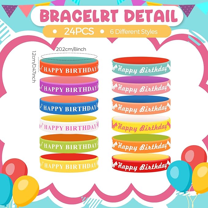 Sabary 48 Pcs Happy Birthday Pencils Rubber Bracelets Set Birthday Party Favors Birthday Pencils Silicone Wristbands Birthday Bracelet for Kids Students Teachers Classroom Reward Gifts (Cute Style)