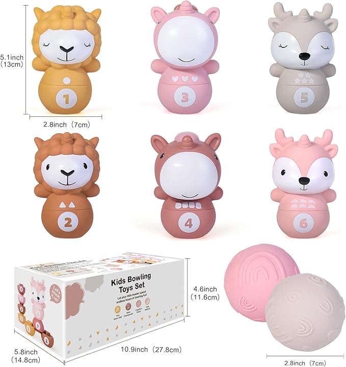 Nueplay Ages 18+ Months Toddler Learning Toys, Counting and Sorting Toys Kids Bowling Set, Animal Shape Puzzle and Bowling Game to Enhance Shape, Color, and Number Recognition, 1 Year Old Girl Gifts