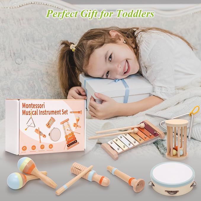 Baby Musical Instruments,Montessori Wooden Percussion Instruments Toy for Toddlers1-3, with Modern Boho Xylophone Tambourine for Kids Preschool Educational 3+ Christmas Birthday Gifts
