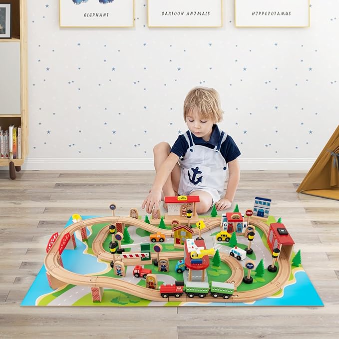 HONEY JOY Train Table, Wooden Kids Activity Table with Storage, 84 Multicolor Pieces, Tracks, Trains, Cars, Toddler Toy Train Table Set w/Reversible Tabletop, Gift for Boys Girls Ages 3+ (Natural)