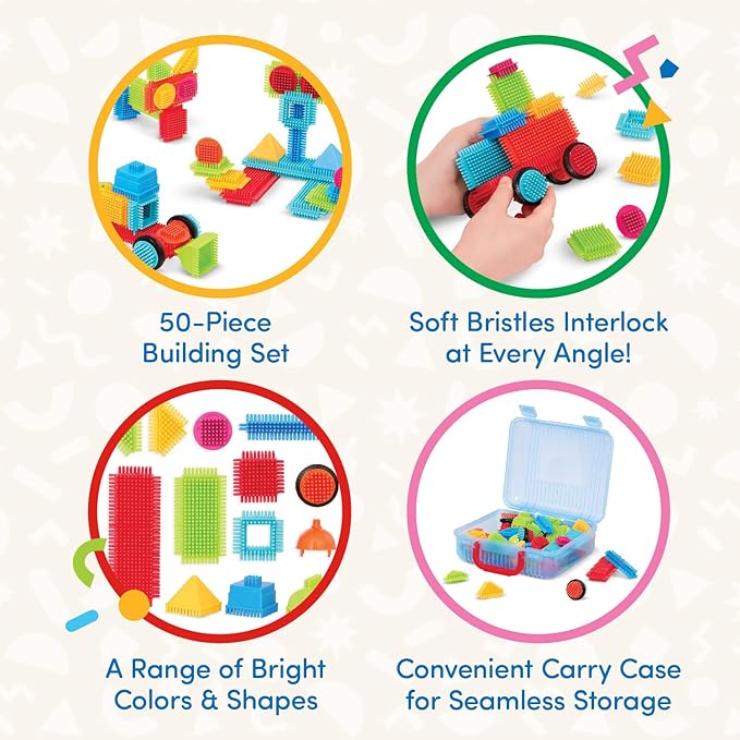 Battat- Bristle Blocks- STEM Interlocking Building Blocks- 50 pc Playset- Reusable Carry Case - Developmental Toys for Toddlers & Kids- Basic Builder Case- 2 Years +