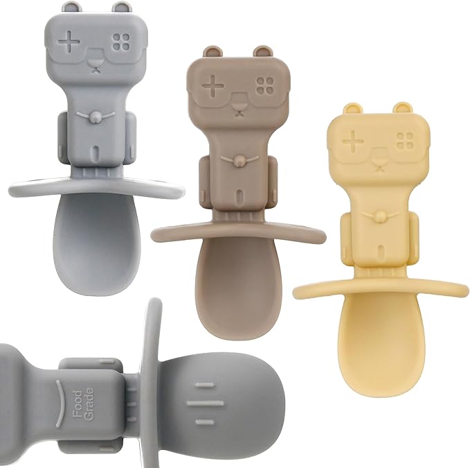 Baby Spoons, 3PCS Silicone Baby Spoons Self Feeding 6+ Months Robot Baby Utensils Baby Led Weaning Spoons with Anti Choke Barrier First Stage Training Toddler Spoons, BPA Free (Yellow)
