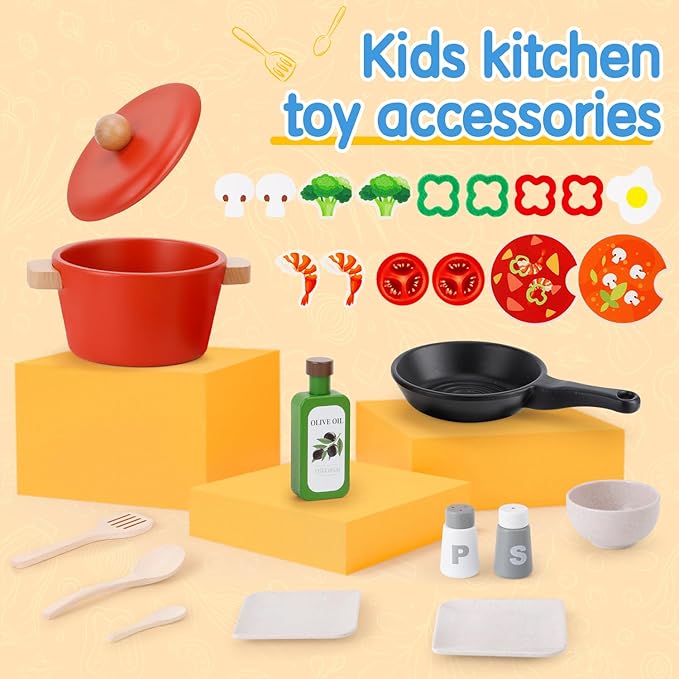 deli Wooden Play Food Set, 25Pcs Kids Play Kitchen Toys Set, Pretend Cooking Playset Acccessories for Kids Ages 3+