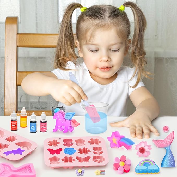Golray Soap Making Craft Kit for Kids Girl Toys, Make 40 Pcs+ Soap Supplies with Unicorn/Mermaid/Butterfly Model, 2 Essential Oil, DIY Science Art and Craft Kit for Kid Girl Age 5-7 8-12 Year Old Gift