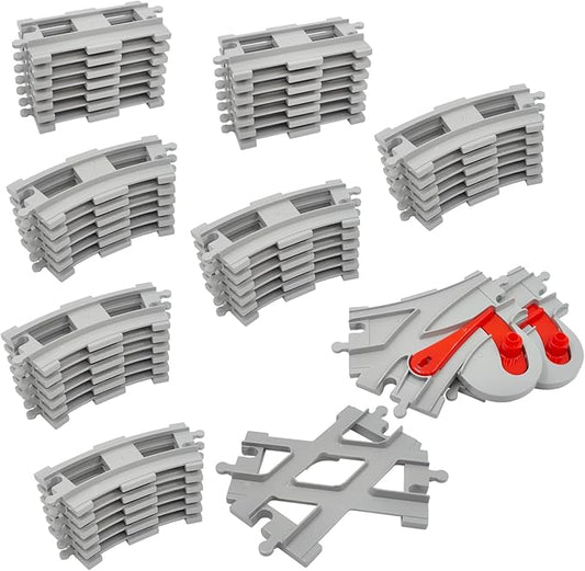 47-Piece Train Track Set,Classic Railway Tracks with 30 Curved Tracks,14 Straight Tracks,2 Switch Tracks,and 1 crossover track- Compatible with All Major Brands,Light Grey Toy Track Accessory for Kids