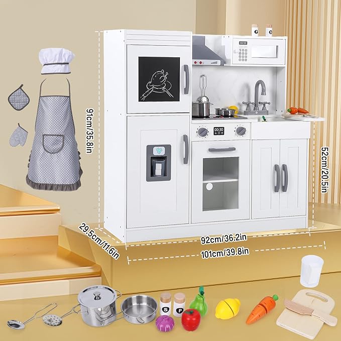 Wooden Play Kitchen with Cookware Accessories, Wooden Chef Pretend Play Set with, Wooden Cookware Pretend with Microwave, Oven, Sink, Real Lights & Sounds, White (201WA)