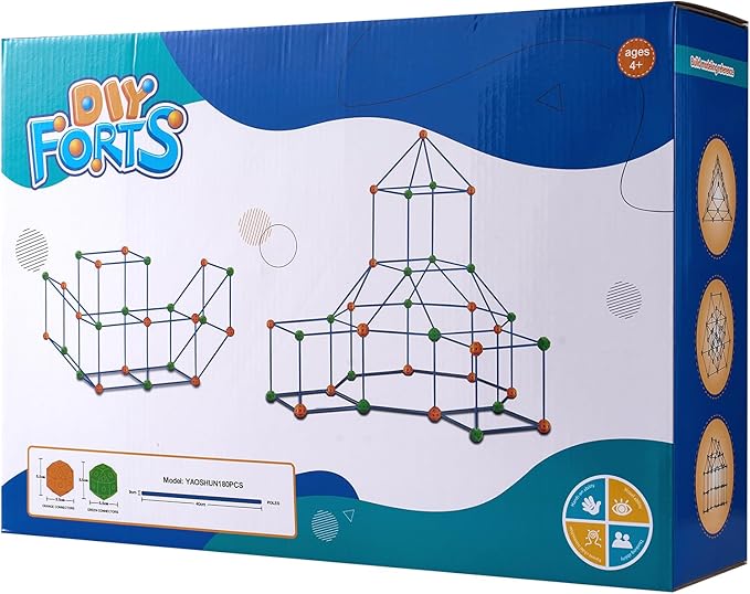 VEVOR Fort Building Kit for Kids, 180PCS STEM Building Toys, Educational Gift for 4 5 6 7 8+ Year Old Boys & Girls, Indoor Outdoor Play Tent Builder Set Construction Toys with 120 Rods and 60 Balls