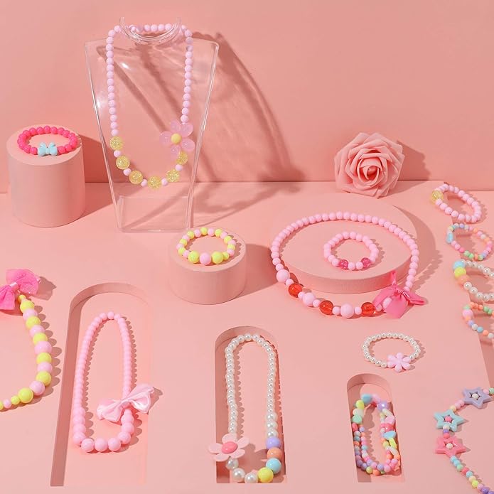 18 Pieces Girl Beaded Necklace Bracelet Colorful Kids Play Jewelry Princess Costume Jewelry Gift Party Favors Dress Up Jewelry for Little Girl Toddler