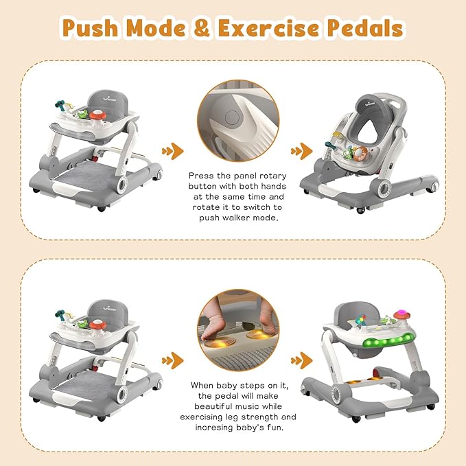 5-in-1 Baby Walker with Wheels, Baby Walkers for Boys Girls 6-18 Months, Foldable Adjustable Walker with Bouncer, Feeding Tray, Music & Detachable Footrest(Grey)