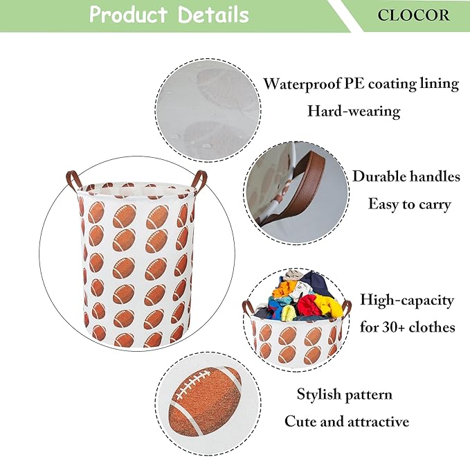 CLOCOR Kids Laundry Basket,Waterproof Nursery Hamper for Baby Boy,Football Storage Baskets for Boys Bedroom,Kids Toys Storage Bin,Room Decor,Gift Basket(Rugby