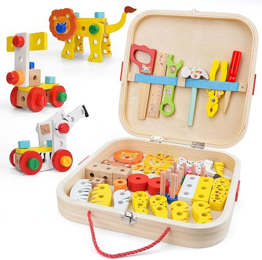 Wooden Animal Tool Box for Kids, Contains Stickers, Screws, Assembly Tools, Animal Building Blocks, Children's Montessori Building Block Assembly Toy, Ideal Gift for Boys and Girls 3,4,5,6