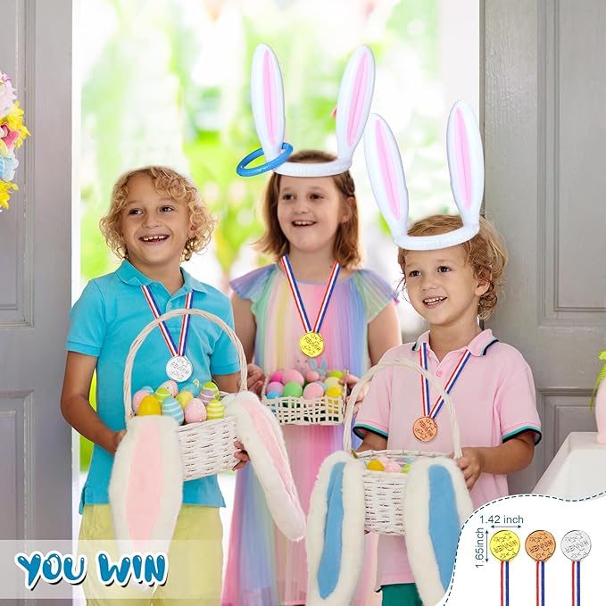 Hiboom 38 Pcs Easter Party Games for Adults, Include Potato Sack Race Bags Easter Bean Bag Toss Game 3 Legged Race, Egg Spoon Race Game, Inflatable Bunny Ring Toss Game for Easter Games