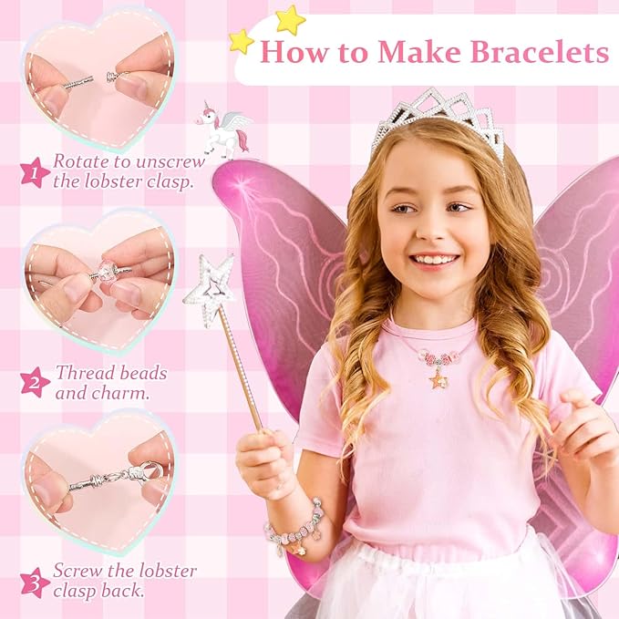 110 Charm Bracelet Making Kit, Jewelry Making Kit for Girls DIY Bead Necklace Kit with Initial Bracelet Box Unicorns Crafts Arts Girls Toys Age 8-12 Birthday Valentines Day Gifts for Kids - C