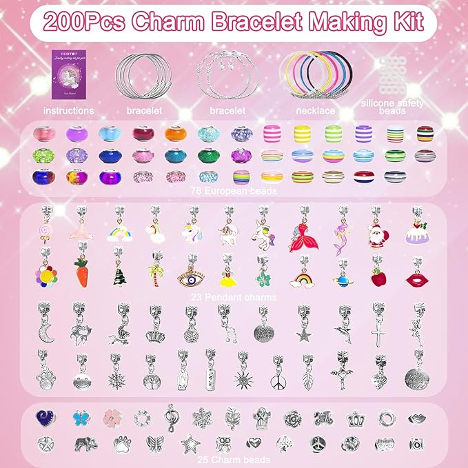 Redtwo 200 Pcs Charm Bracelet Making Kit, Friendship Jewelry Making Supplies Unicorn/Mermaid/Birthday Gifts Toys for Teen Girls Age 4 5 6 7 8 9 10 12 Year Old, Arts Crafts for Kids Ages 8-12
