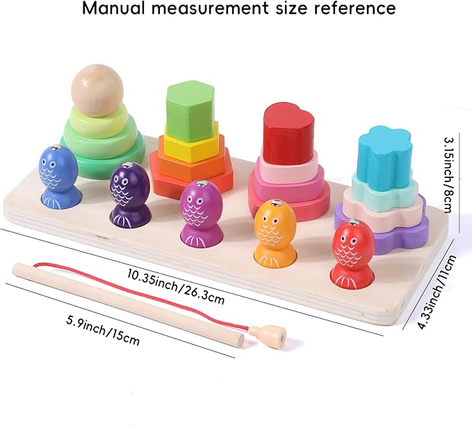 Wooden Magnetic Fishing and Shape Block Stacking Toys 2-in-1, Montessori Early Childhood Games for Toddlers, Gifts for 3-Year-Old Boys and Girls