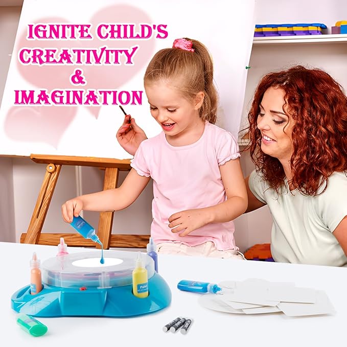 Spin Art Machine Variable Speed, Battery Operated Spinner - Paint Spinner with Splatter Guard, Washable Paint, Spin Art Kit, Art Design Card, Stem Toys, Kid Arts and Crafts, Girls Boys