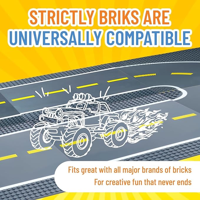 Strictly Briks Building Blocks Road Plates 10" x 10", 4 Pack City Road Classic Baseplates for Highway Bridge, Street, Race Track, Compatible with All Major Brands (2 Straight, 2 Curved, 30 Stackers)