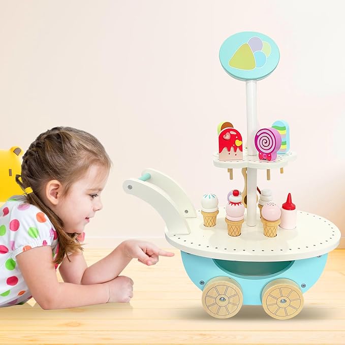 Wooden Ice Cream Truck Toy Playset with Ice Cream Toys,Ice Cream Cart Toys for Toddlers and Kids 3-7,Learning Toys for Boys & Girls, Daycare/Preschool Educational Toys,Pretend Play Toys