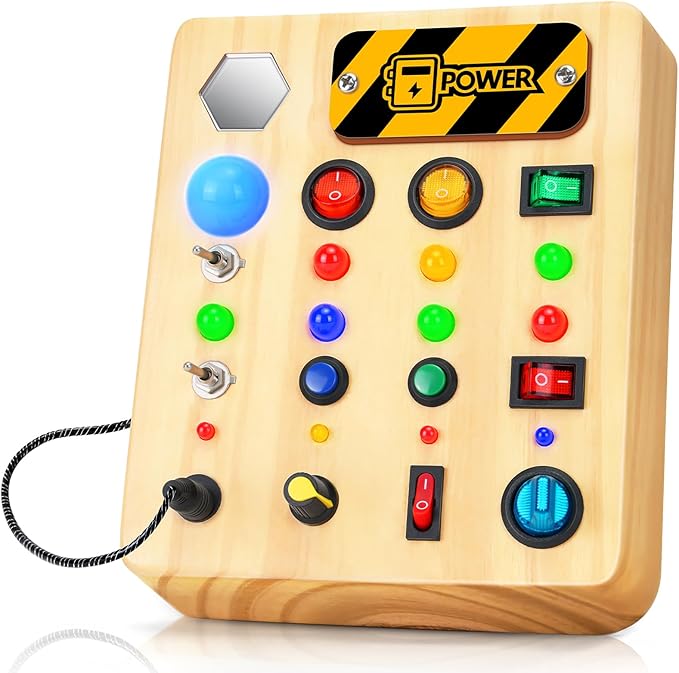Busy Board Montessori Toys for Toddler, Wooden Sensory Board Switch Toy with Shape Sorter LED Light Up Toys Educational Plane Travel Activity for Girls & Boys