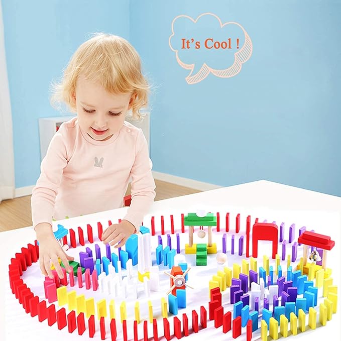 Wondertoys 600 PCS Dominoes Set for Kids Wooden Building Blocks 6 Colors Bulk Dominoes Racing Tile Games Educational Toy for Kids Birthday Party with 11 Add-on Blocks and 1 Storage Bag