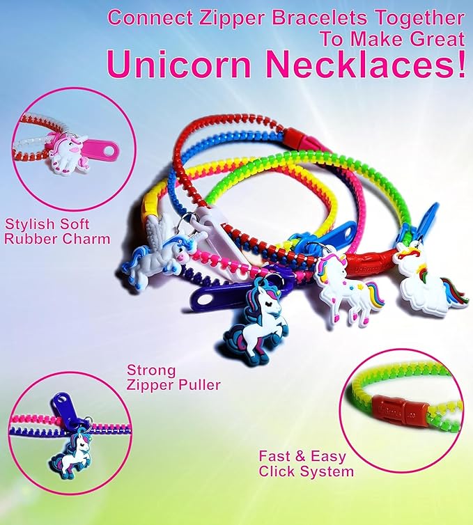 UpBrands Unicorn Valentine Gifts For Kids Zipper Bracelets Bulk Set, Kit for Unicorn Birthday Party, Goodie Bags & Stuffers, Perfect Friendship Fidget Toys