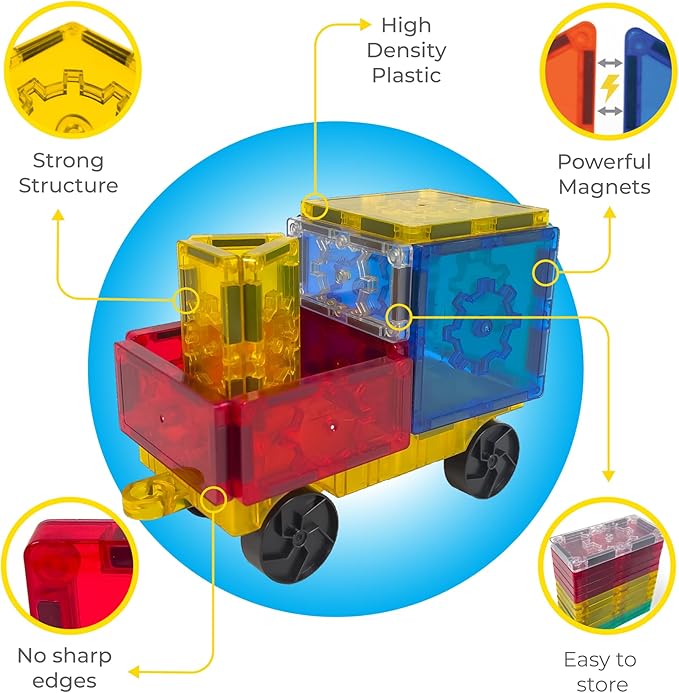 Official Disney Junior Mickey Train Magnetic Tile Set – 41-Piece STEM Building Kit with Wheeled Base Cars, Reusable Stickers & Learning Workbook – Educational Toy for Kids Ages 3+