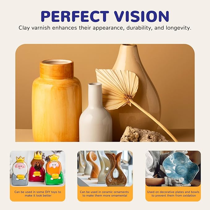 240ml Air Dry Clay Glaze, Clay Paint for Pottery Air Dry, Clay Paint High Gloss, Anti-Scratch, Waterproof, Clay Glaze Set with 120ml Matte Varnish and 120ml Gloss Varnish, 2 Brushes.