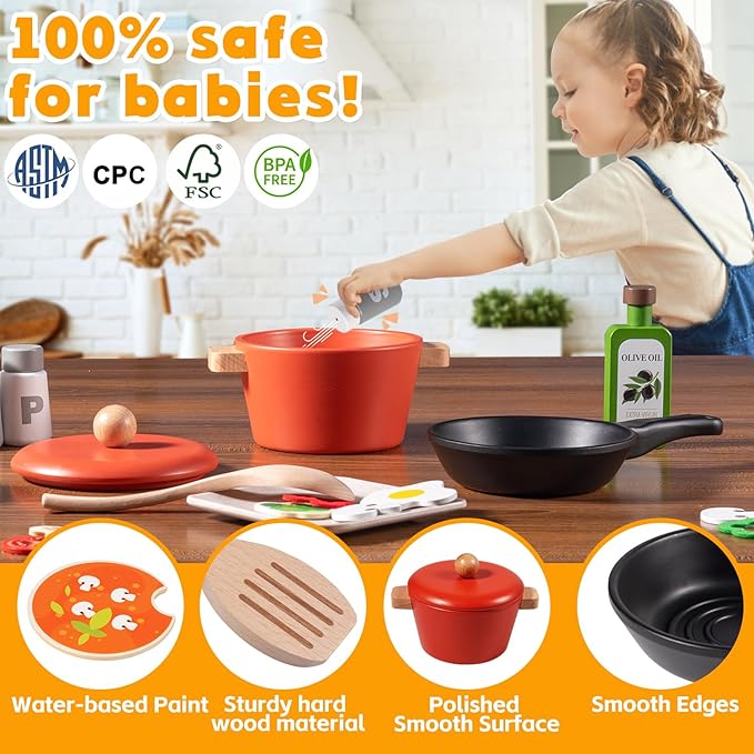 OMYBaby Wooden Play Kitchen Accessories Set for Toddlers, 25PCS Cooking Playset Food Toys with pots & Pans, Melissa and Doug Pretend Play Kitchen Toys Gift for Kids 3Y+