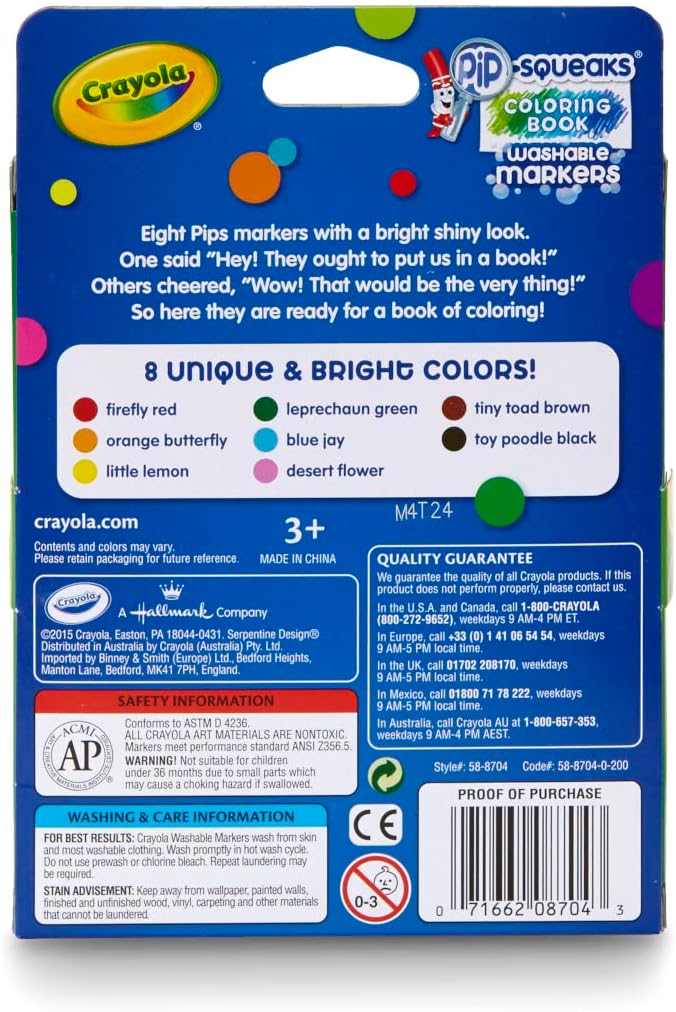 Crayola Pip Squeaks Washable Markers, Mini Markers in Classic Colors, 8 Count