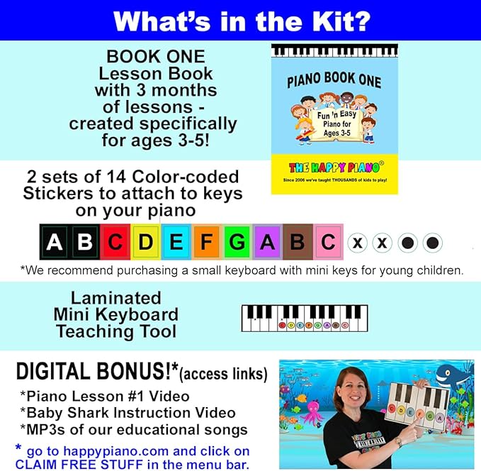 The HAPPY PIANO PRESCHOOLERS Book & Color-Coded Stickers KIT. SO EASY-to-FOLLOW. Kids Toddlers AGES 3-5. Beginner music book, BABY SHARK lesson video, FREE digital bonus, 20K taught since 2006!