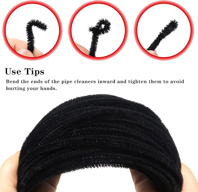 TOAOB 100pcs Pipe Cleaners Bulk Craft Supplies Black Chenille Stems 6mm x 12 Inch Fuzzy Pipe Cleaners for DIY Art Crafts Decorations