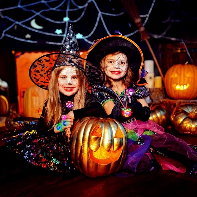YUJUN 68PCS Halloween Light up Toys,Halloween Party Favors Flashing Ring Bracelets Necklace Glow in The Dark for Kids Halloween Treats Games Prizes Candy Goodie Bag Fillers